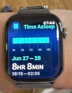 A close up of a smart watcch displaying time spent sleeping.
Sleep Duration 8 hours & 8 minutes. Time started sleeping 18:15. Time sleeping ended: 02:35.