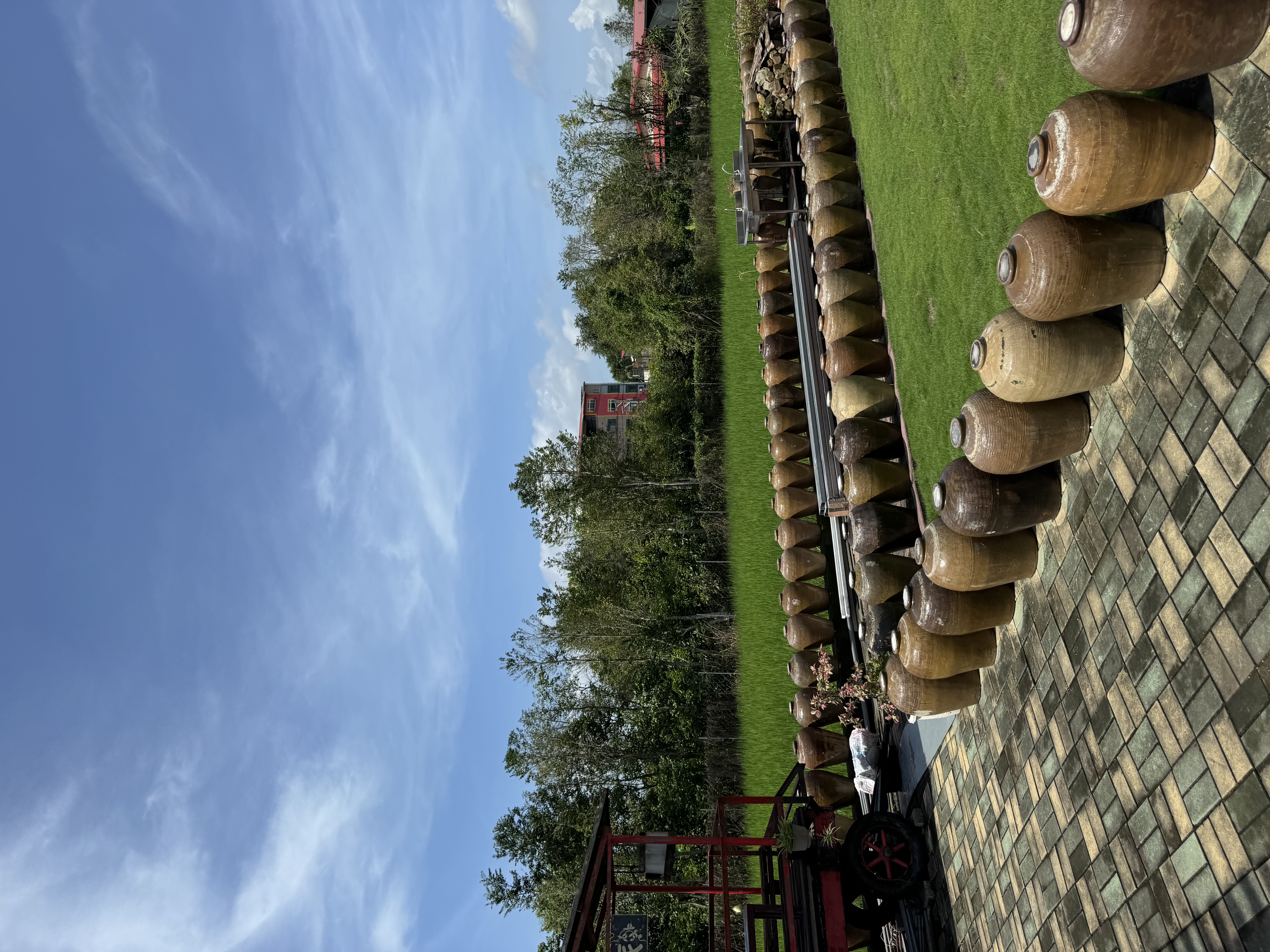 View of the garden. There are overturned pots set along a walking path with trees in the background.