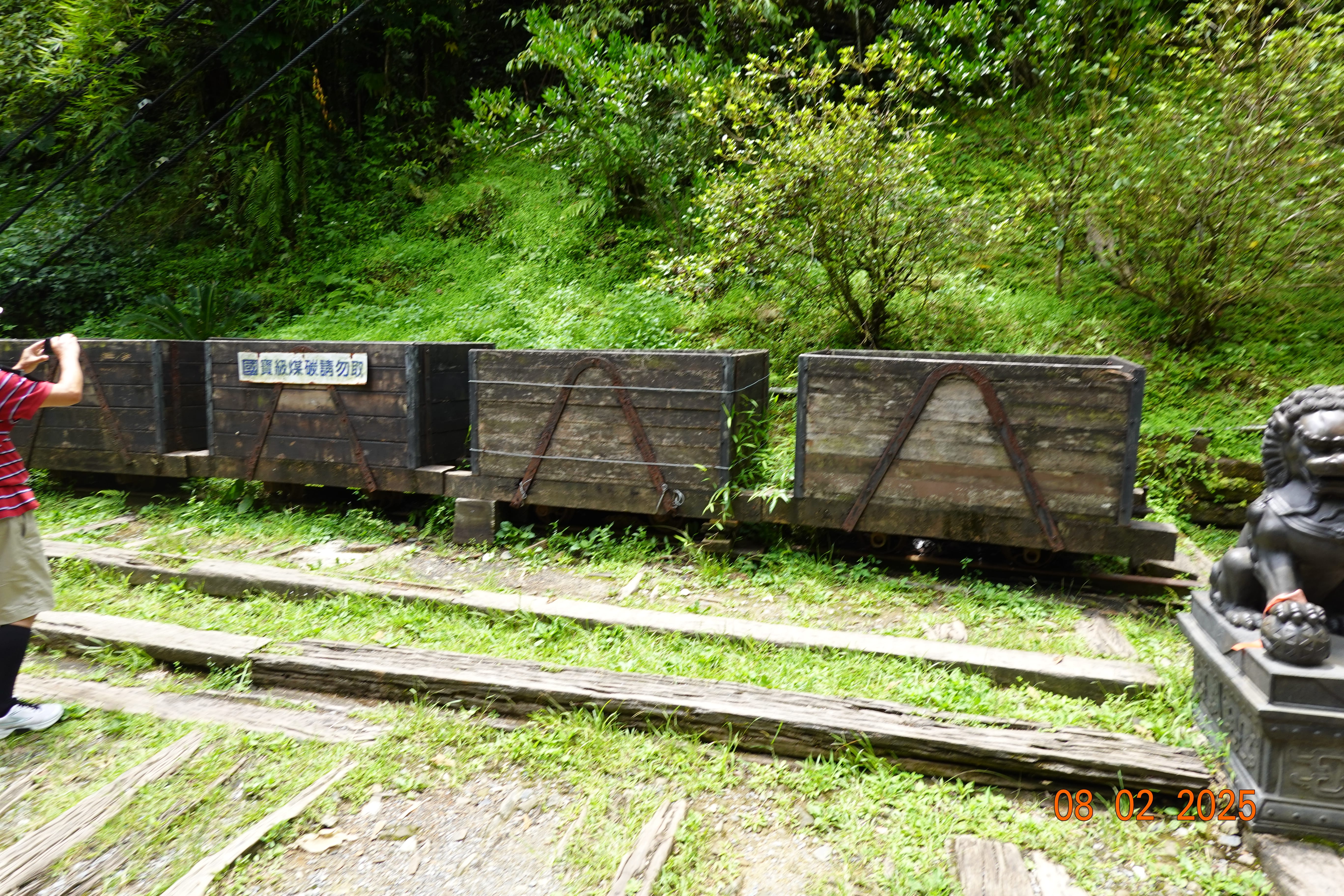 Row of old wooden mine carts on rails outdoors, greenery encroaching and a lion statue at right; 08-02-2025.