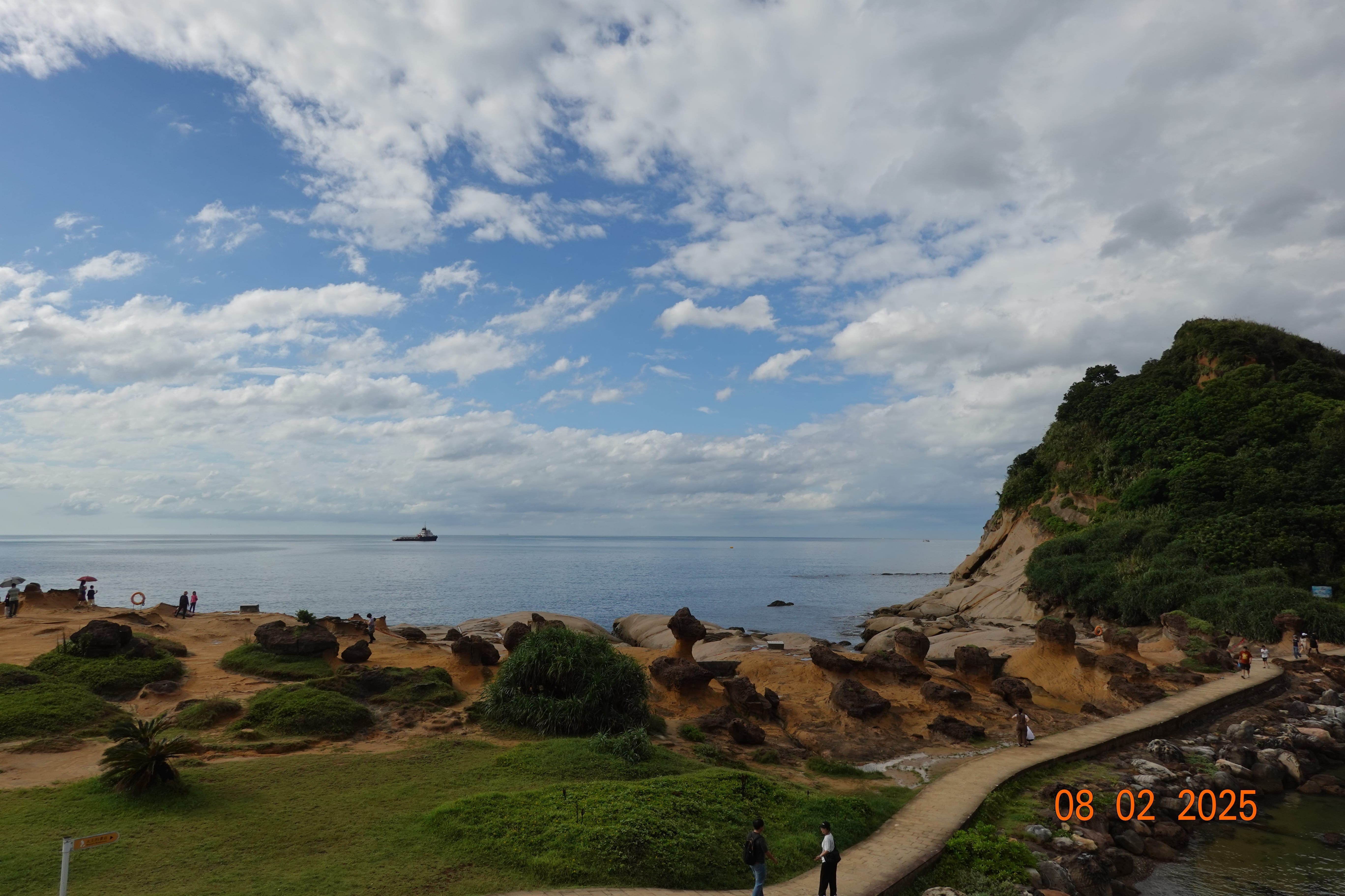 Coastal headland with ochre sandstone and green lawns; a footpath leads to the sea with a ship on the horizon; 08-02-2025.